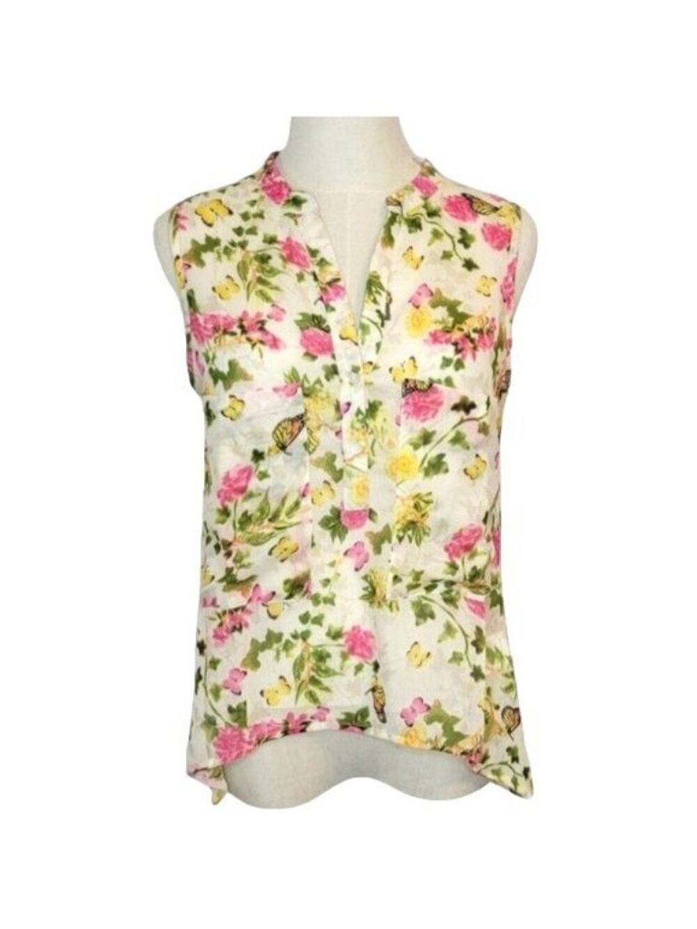 Olé Koton Cutout High Low Sleeveless Half Button Floral Blouse 34